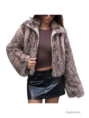 Cropped Faux Fur Zip Up Jacket Fuzzy Winter Coat